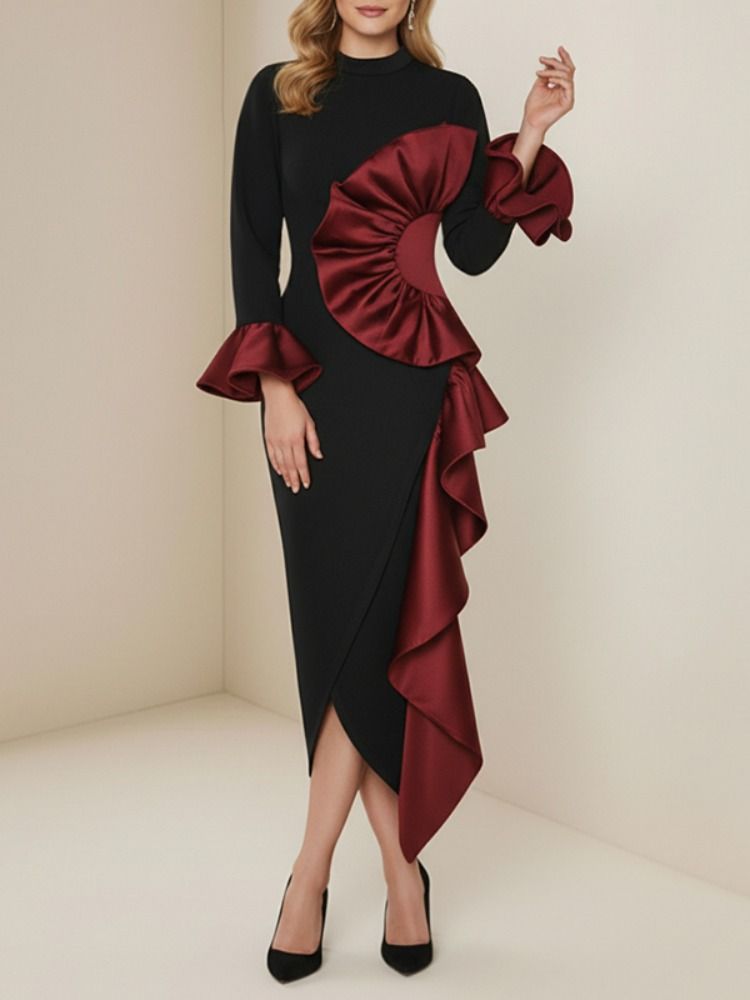 Freeacy Women's Black Red Ruffled Dress High Neck Long Sleeves High Waist Slim Fit Midi Dress Female Elegant Evening Dresses_ecoleips.com