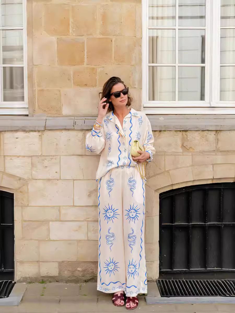 Women's Clothing Printed Linen Casual Versatile Shirt Cardigan Trousers_ecoleips.com