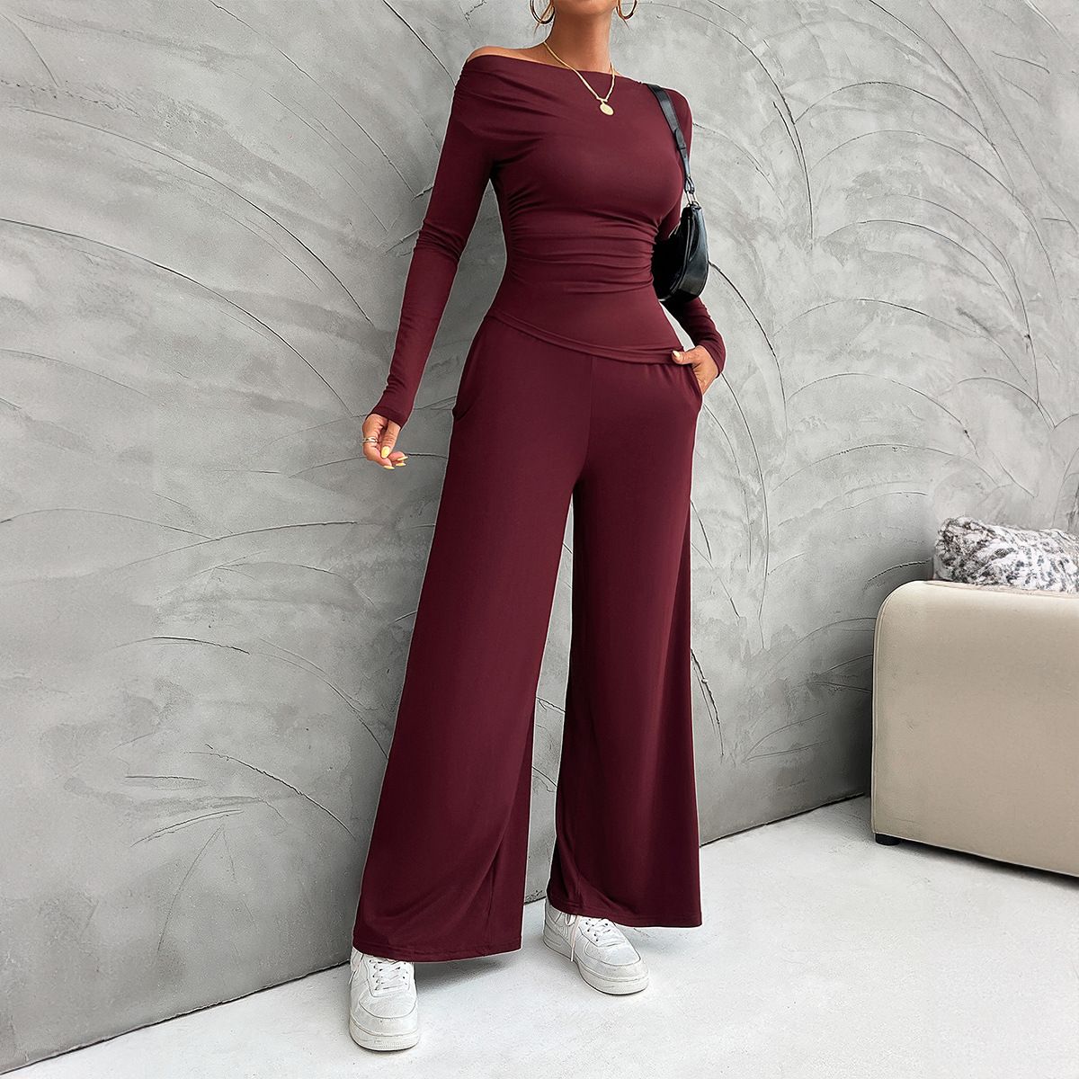 Y2K Women’s Matching Set – Slim Long Sleeve Top & Wide Leg Trousers (S-XL, Black/Dark Gray/Khaki/Wine Red/Dark Green/Brown/Dark Blue)_ecoleips.com