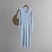 Autumn Winter V-neck Knitted For Women, Straight Slim Fit Long Sleeve Ribbed Split Hem Over-the-knee Sweater Dress_ecoleips.com