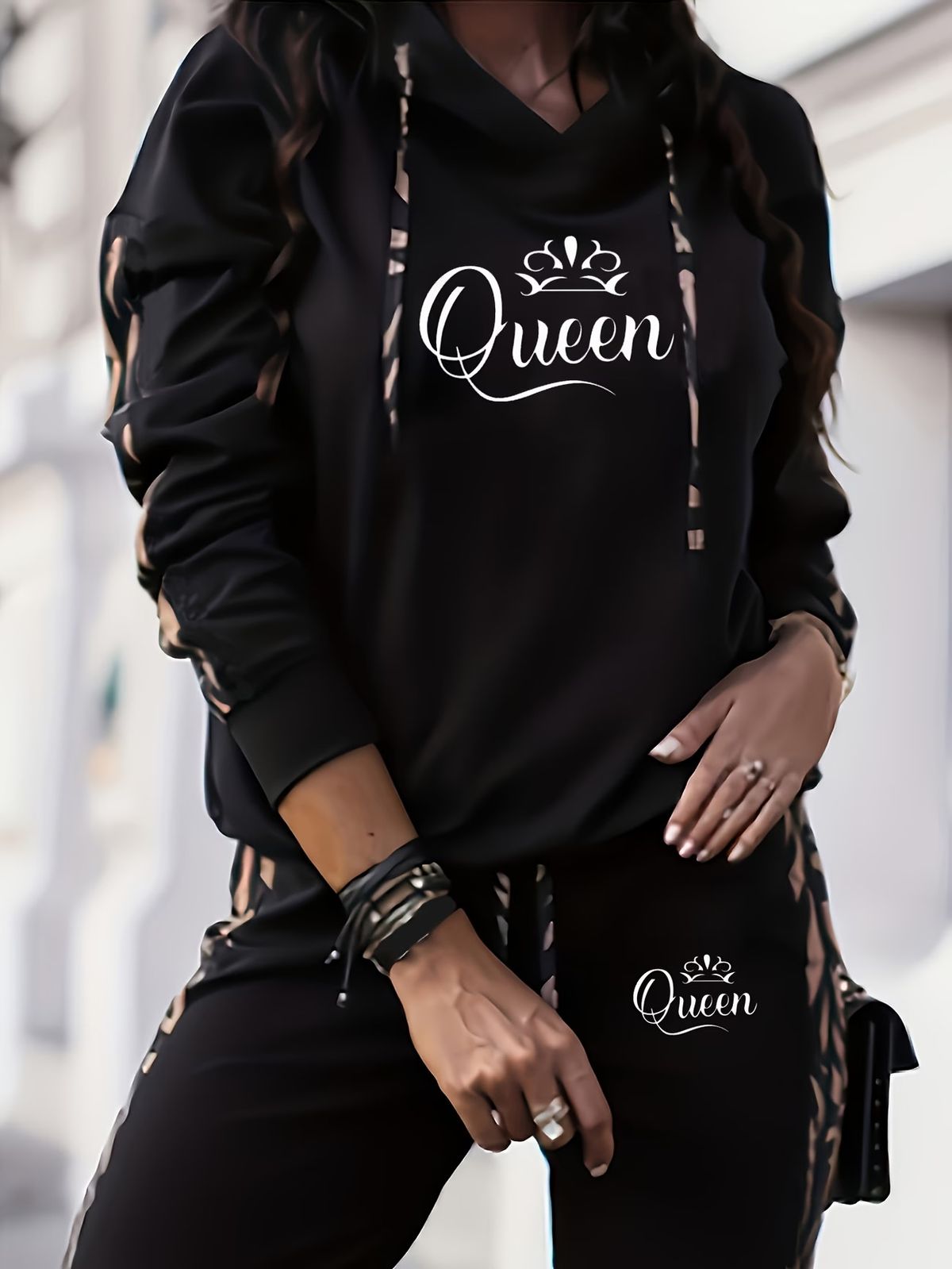 Fashionable Casual Two Piece Set Printed Hooded Long Sleeved Pants For Vacation_ecoleips.com