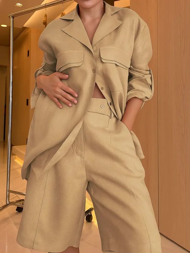 Women's Clothing Solid Color Casual Temperament Plus Size Two Piece Pants Set Long Sleeve Suit Collar New_ecoleips.com