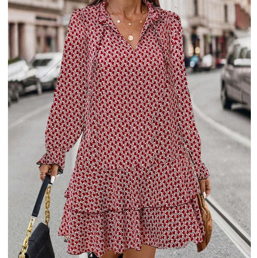 2025 Wish European And American Foreign Trade New Product Bohemian Popular Printed V-neck Tie Long-sleeve Dress_ecoleips.com