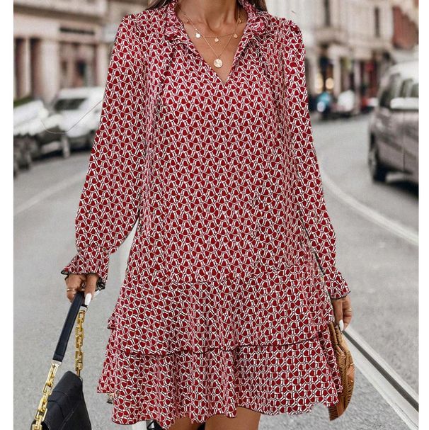 2025 Wish European And American Foreign Trade New Product Bohemian Popular Printed V-neck Tie Long-sleeve Dress_ecoleips.com
