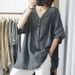 A Casual And Elegant Short-Sleeved V-Neck Top With A Half-Button Design For Summer, Featuring A Retro And Artistic Style_ecoleips.com