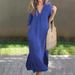 Women's Summer Dress V-Neck Three Quarter Sleeves Side Slit Pockets Pleated Chest Casual Thin Material European American Style_ecoleips.com