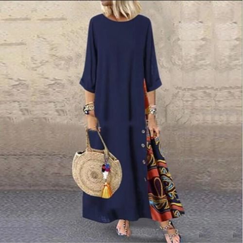 Women's Autumn Retro Floral Round Neck Color Block Button Splicing Three Quarter Sleeve Dress_ecoleips.com