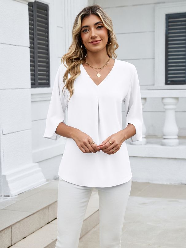 K Fashionable Mid Sleeve Pleated V-neck Loose Fitting Women's Top_ecoleips.com