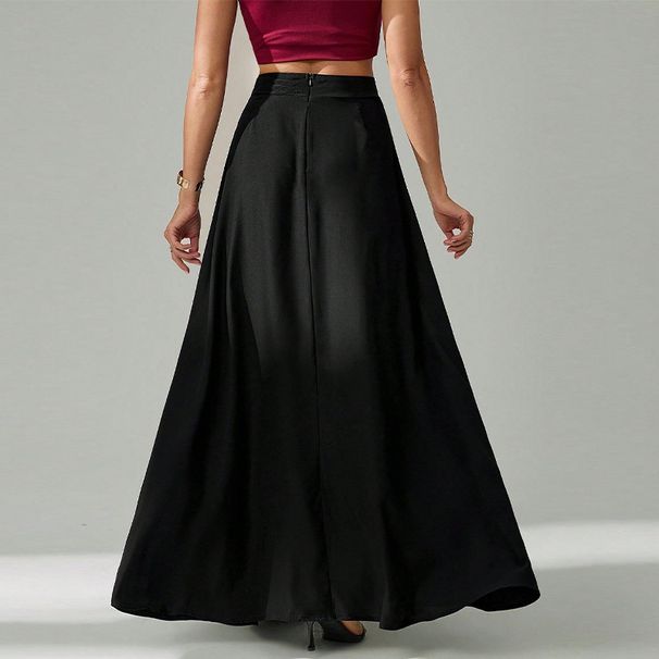 Elegant Black A-Line Midi Skirt, Flowy Hemline High Waist Skirt For Women, Versatile And Chic For Fall And Casual Occasions_ecoleips.com