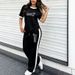 Women's Summer Fashion Color Block Set European American Style Casual round Neck Short Sleeve Top And Loose Trousers Two Piece Outfit Printed_ecoleips.com