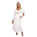 Women's Solid Color V-Neck Long Puff Sleeve Slimming Dress European American Style Cross Border Fashion 2025_ecoleips.com