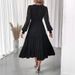 Sweet And Elegant Style V-Neck Waist-Cinching Lace Long-Sleeve Solid Color Dress For Women_ecoleips.com