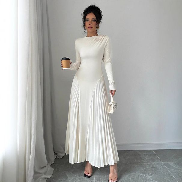 Voya Recommend! Ladies' Elegant Foreign Trade New Long Sleeved Knitted Long Skirt Pleated Dress With Multiple Colors To Choose From_ecoleips.com