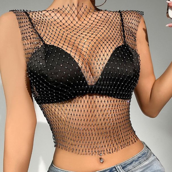Sexy Top Women Shiny Rhinestone Fishnet Women Y2K Tank Crop Tops See Through Summer Beach Cover Up Tops Party Nightclub Clothing_ecoleips.com