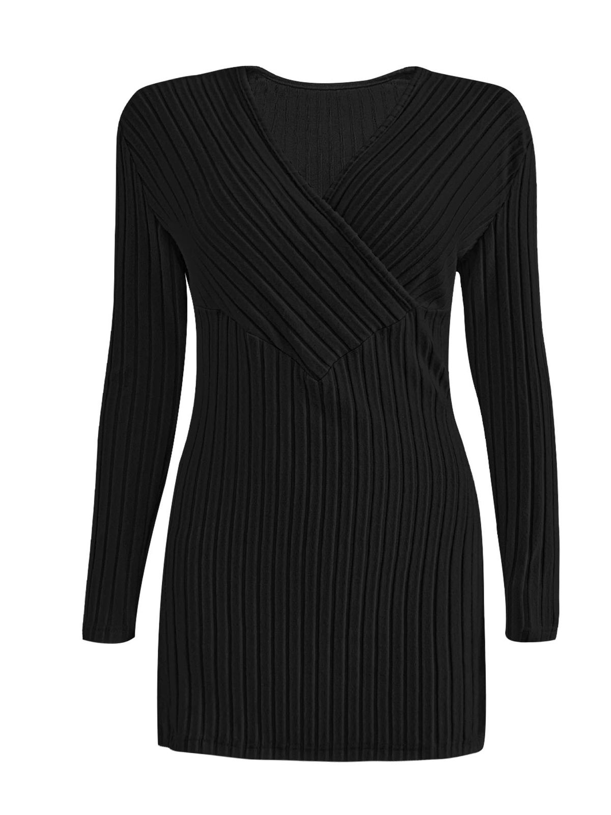 K Large Size Women's New Long Sleeved Solid Color V-neck Casual Home Pit Stripe Top_ecoleips.com