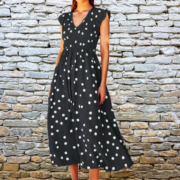 Women Elegant Long Dress Stylish V‑Neck With Classic Polka Dot Print, Slim Silhouette & Flowy Big Swing Hem_ecoleips.com