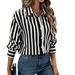 Women's Classic Stripe Lapel Long Sleeve Blouse Open Front Timeless Design Top_ecoleips.com