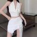 New Style Spicy Girl Sleeveless Thin Strap Tassel Women's Top Solid Color Halter Sexy Vest Short Skirt Set_ecoleips.com