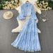 Women's French Retro Heavy Hollow Lace Splicing Lantern Sleeve Short Shirt High Waist Big Swing Skirt Autumn Set_ecoleips.com
