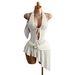 White Textured Fabric Halter Neck Deep V Neck Tie up Irregular Dress for Women Sexy New Style_ecoleips.com