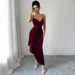 Elegant V-Neck Sleeveless Bodycon Evening Dress – Stretch Knit Long Gown For Women (S-XL, Wine Red, Belted Waist, Wrinkle-Resistant)_ecoleips.com