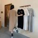 Summer Loose Bow Print Korean Women's Fashionable Simple Casual Round Neck Slit Dress_ecoleips.com