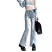 American Retro Split Flared Jeans For Women, Unique Design, Pink Tie High Waist Slimming Hot Girl Pants_ecoleips.com