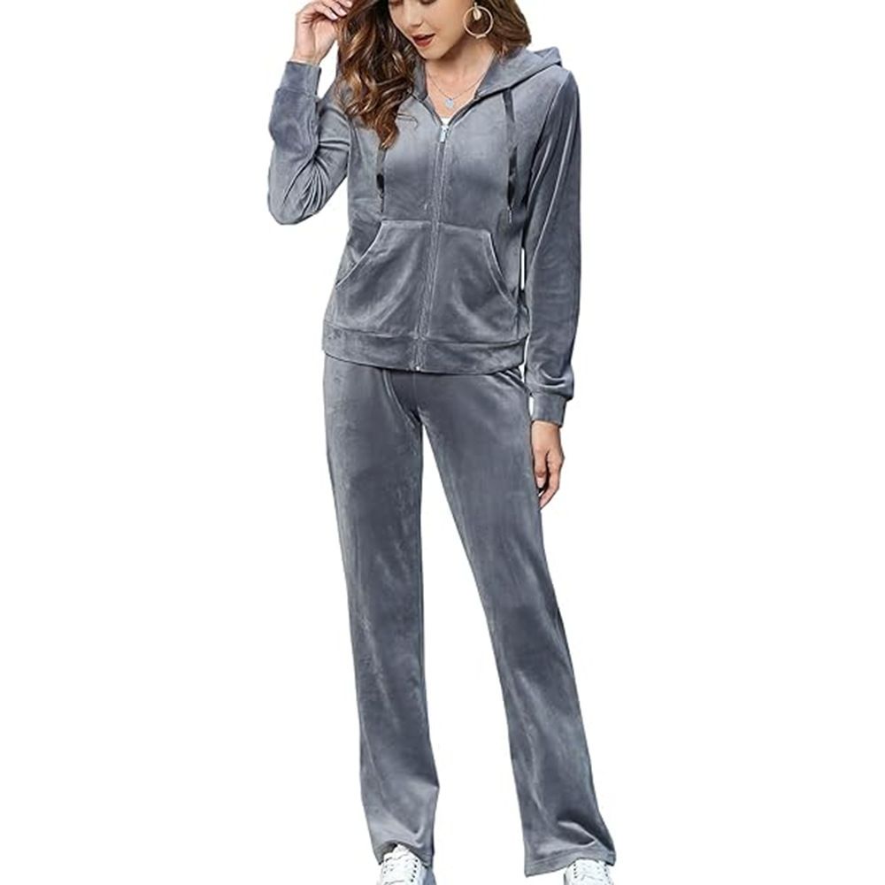 Women's Gold Velvet Two Piece Set Fall Winter Wide Leg Pants With Zipper Hooded Sweatshirt_ecoleips.com