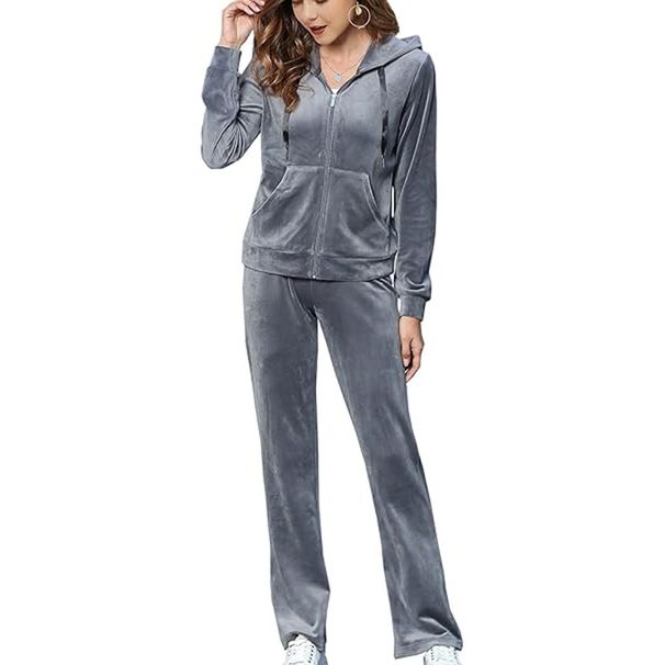 Women's Gold Velvet Two Piece Set Fall Winter Wide Leg Pants With Zipper Hooded Sweatshirt_ecoleips.com