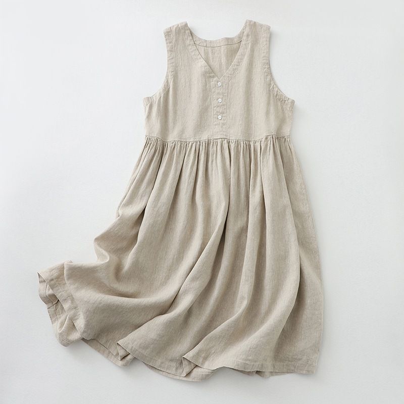 2026 New Women's Cotton Linen Sleeveless Dress Casual V Neck Button Down Loose Midi Dresses For Summer Women's Casual Dresses_ecoleips.com