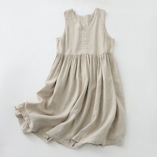 2026 New Women's Cotton Linen Sleeveless Dress Casual V Neck Button Down Loose Midi Dresses For Summer Women's Casual Dresses_ecoleips.com