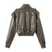 Women's Faux Leather Crop Jacket, Stand Collar Long Sleeve Moto Biker Coat With Pockets, Elastic Hem Casual Streetwear For Daily Commute, Trendy Cropp_ecoleips.com