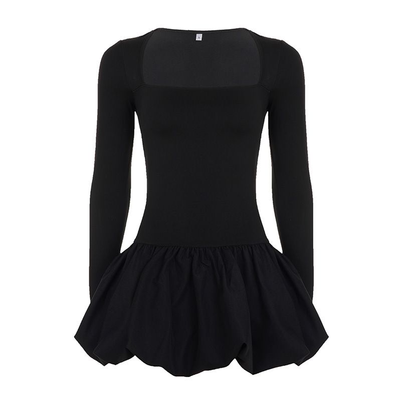European And American Style Sexy Elegant Square Neck Puff Sleeve For Women Slim Fit Pleated Solid Color Short_ecoleips.com