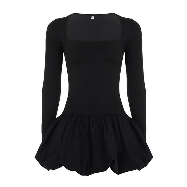 European And American Style Sexy Elegant Square Neck Puff Sleeve For Women Slim Fit Pleated Solid Color Short_ecoleips.com