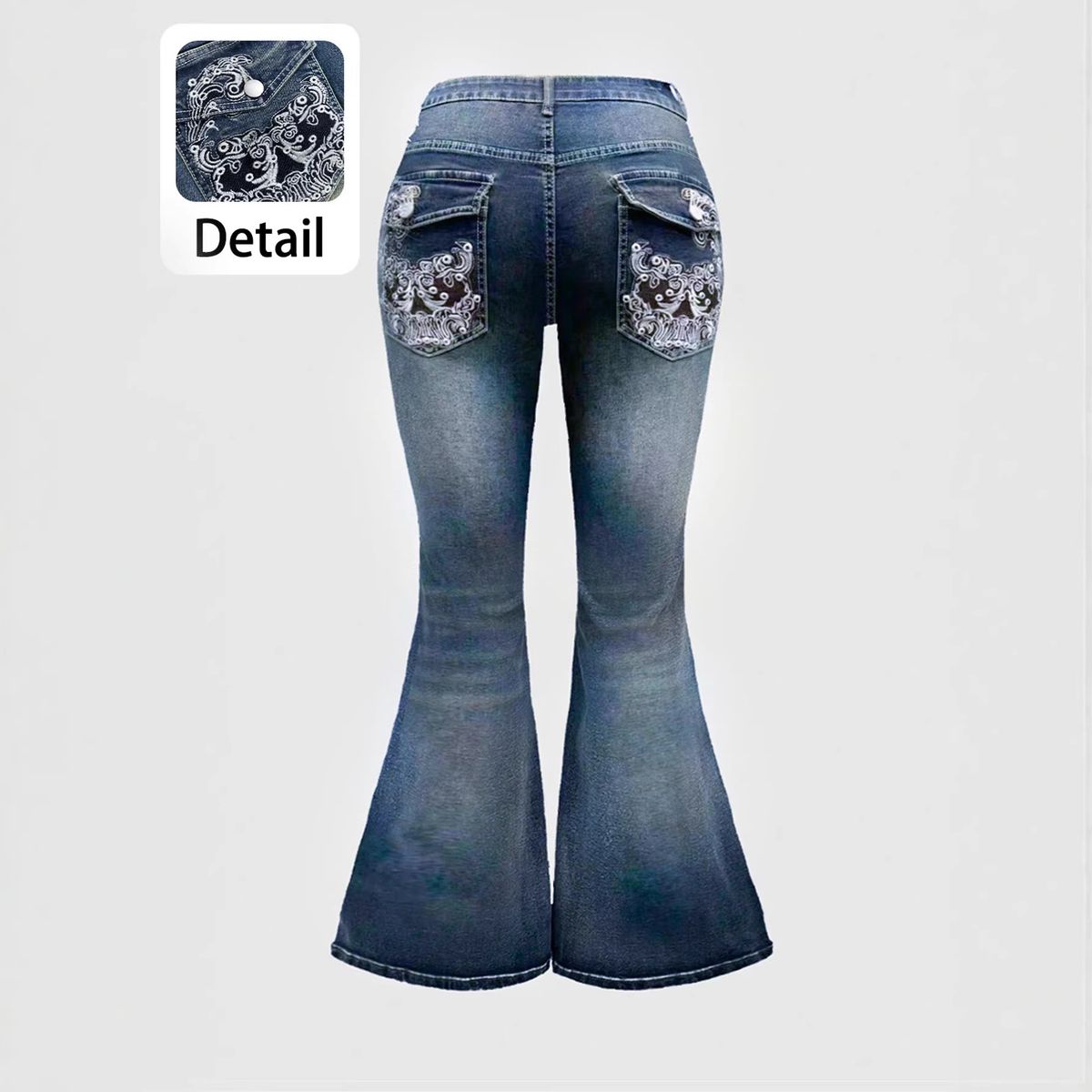Women's Heavy Duty Embroidered Flared Jeans Vintage Washed And Distressed Sexy Style Blue plus Size Clothes_ecoleips.com