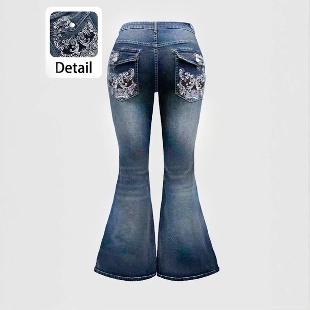 Women's Heavy Duty Embroidered Flared Jeans Vintage Washed And Distressed Sexy Style Blue plus Size Clothes_ecoleips.com