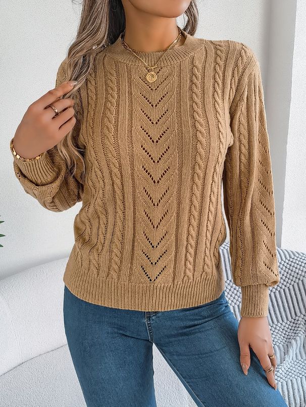 Autumn Winter Women's Casual Hollow Lantern Sleeve Pullover Sweater Solid Color_ecoleips.com