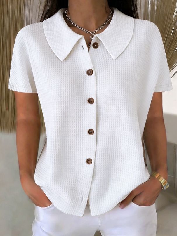 Fashionable And Elegant Lapel Waffle Knit Solid Color Casual Short Sleeved Shirt Women's Clothing Tops New_ecoleips.com