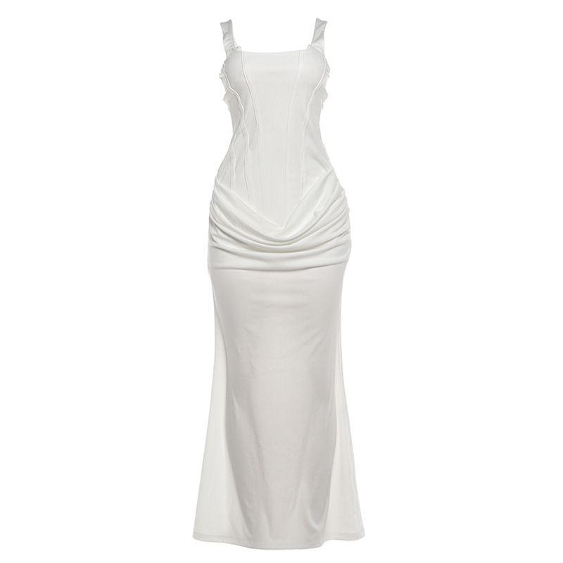 Women's Elegant Slim Waist Dress Open Back Square Neck Suspender Style Autumn Winter New Clothing_ecoleips.com