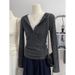 2026 Spring Korean-Style Gray Striped And Fur-Lined Lace-Embroidered Button-Design Long-Sleeve Top For Layered Outfits_ecoleips.com