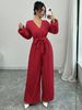 Women's Autumn Winter Romper, Elegant Casual Party, Pleated Long Pants With Belt, V Neck Long Sleeve Wide Leg One-Piece Fashion_ecoleips.com