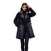 Women's Long Faux Leather Coat With Reversible Design, Fleece Lined, Double-Layer Collar, Oversized Sleeves For Elegant Commute_ecoleips.com