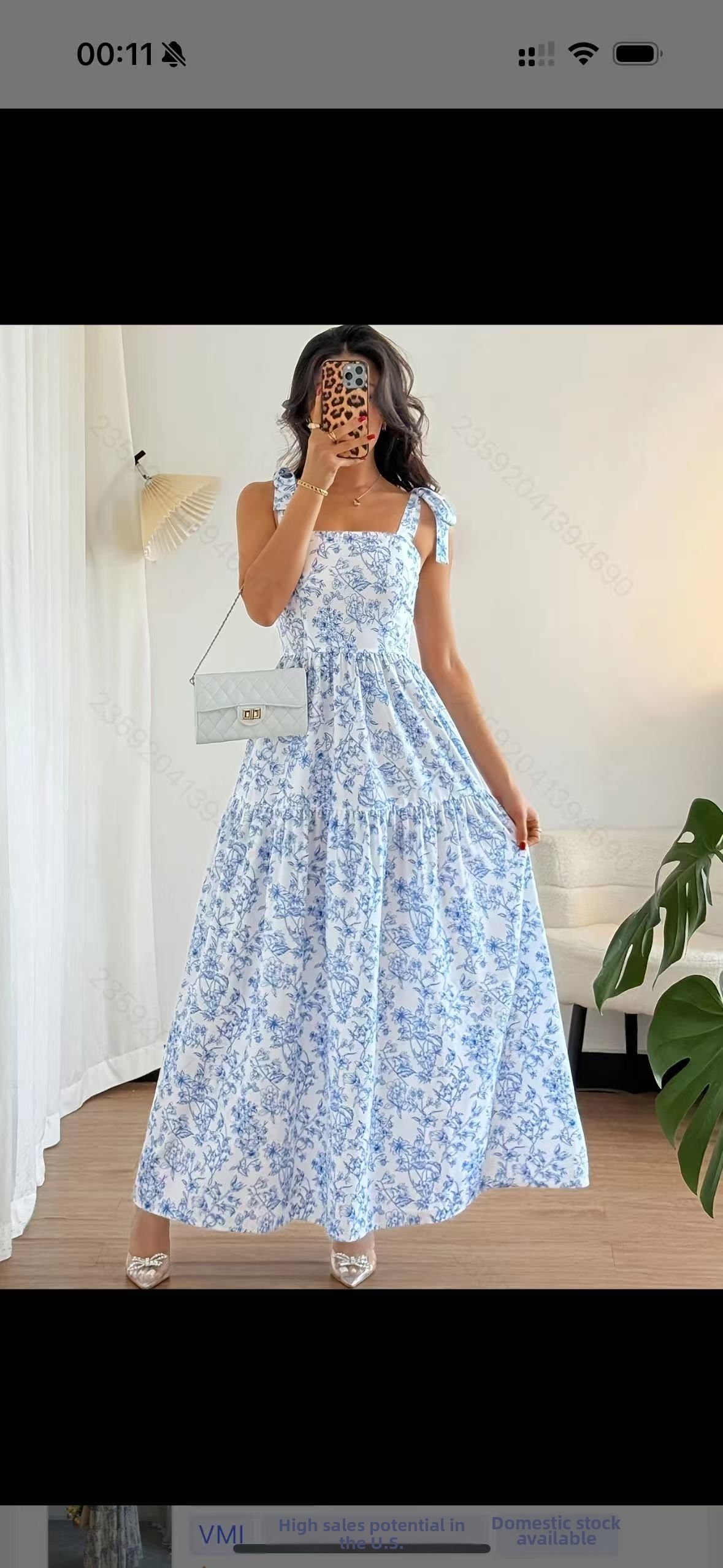 European American Style Sundress Blue White Floral Print Maxi Dress Casual Summer Women's Long Dress_ecoleips.com