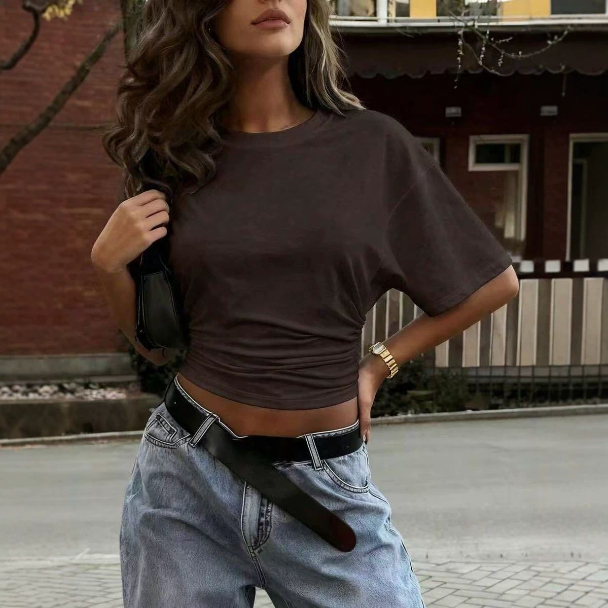 Summer Women's Slim Fit Top round Neck Short Sleeve Solid Color Style Casual Fashion for Women_ecoleips.com