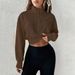 Voya Women's Versatile Brown Short Hoodie For Spring And Summer, Women's Stand Up Collar Zipper, American Retro Style Loose Casual Sports Top_ecoleips.com