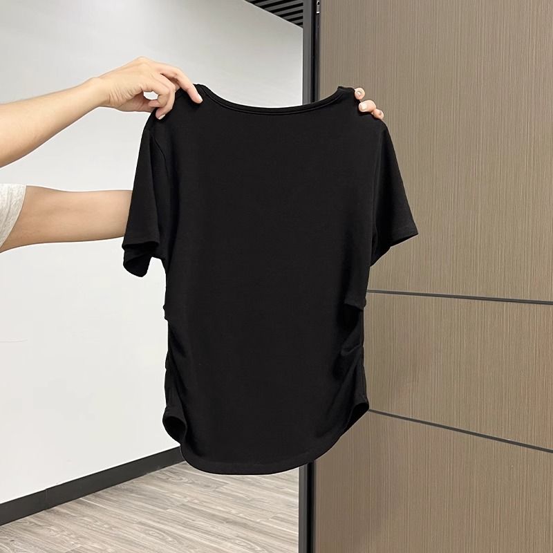 Dopamine-Colored Short-Sleeved Top, Modal Summer V-Neck, Double-Sided Pleated, Waist-Cinching, Slimming, High-End Women'_ecoleips.com