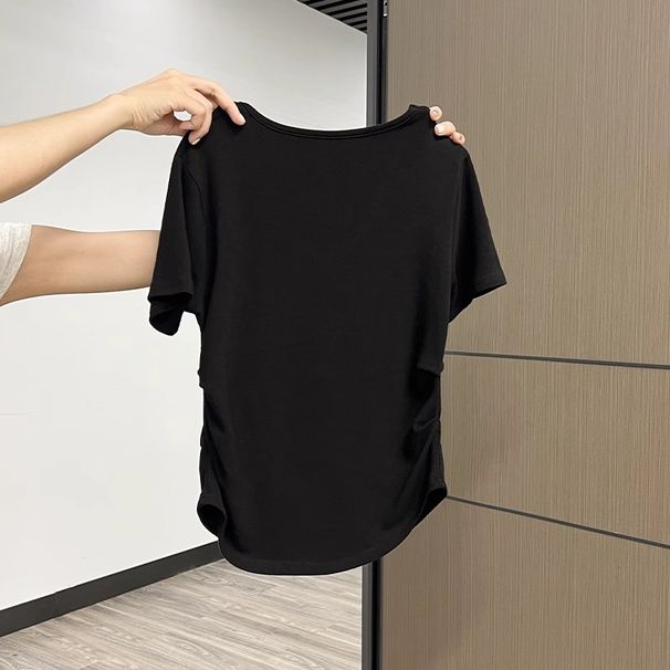 Dopamine-Colored Short-Sleeved Top, Modal Summer V-Neck, Double-Sided Pleated, Waist-Cinching, Slimming, High-End Women'_ecoleips.com
