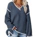 Women's Oversized V-Neck Knit Sweater With Contrast Trim, Casual Loose Fit Pullover Top For Fall & Winter_ecoleips.com