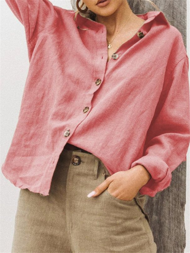 Women's Linen-Blend Long Sleeve Shirt – Oversized Relaxed Fit Button-Up For Casual & Office Wear (S-XL)_ecoleips.com