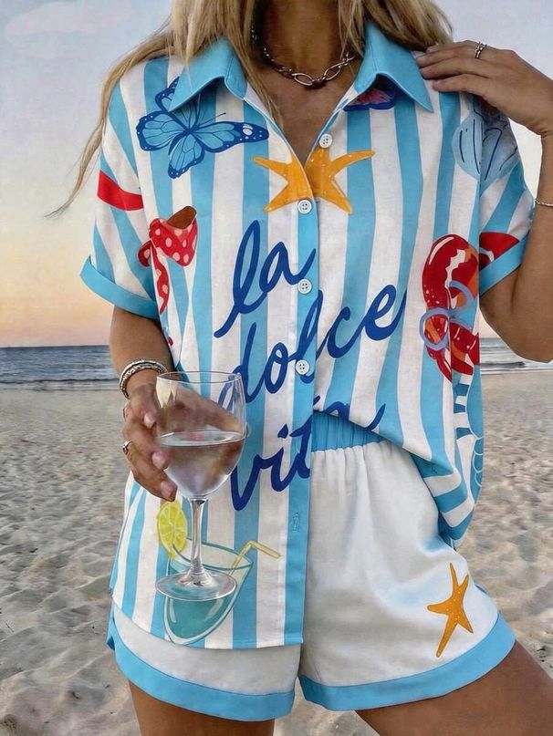Resort Style Printed Collared Short Sleeve Shirt And Shorts Set For Women (Summer)_ecoleips.com